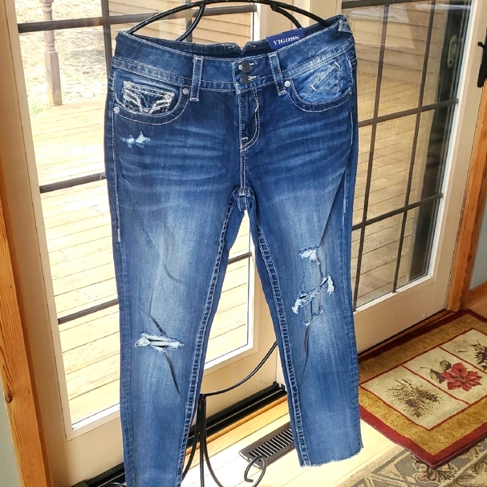 Vigoss NWT Blue‎ Embroidered Chelsea Skinny Sz. 9/10 Raw Hem Women's Jeans